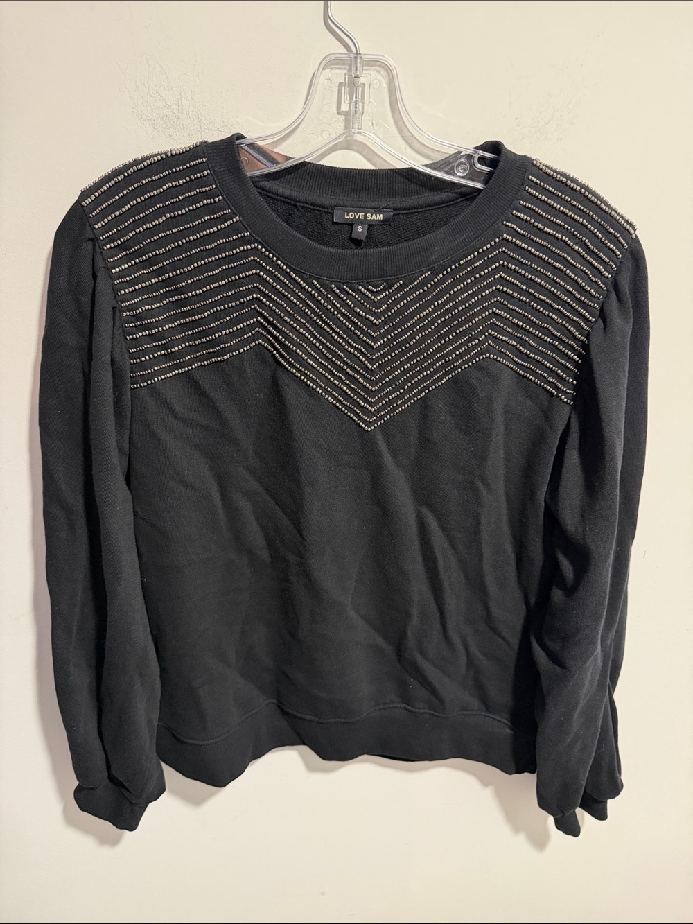 Love Sam Black 100% Cotton Crewneck Sweater with Gray Beads Size Small